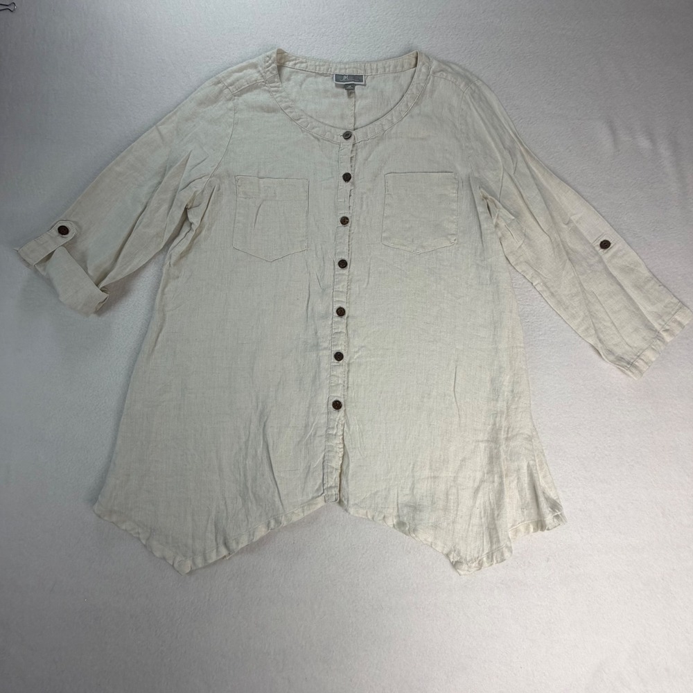 JM Collection Women Beige 100% Linen Button Up Sharkbite Hem Tunic Top Size 10